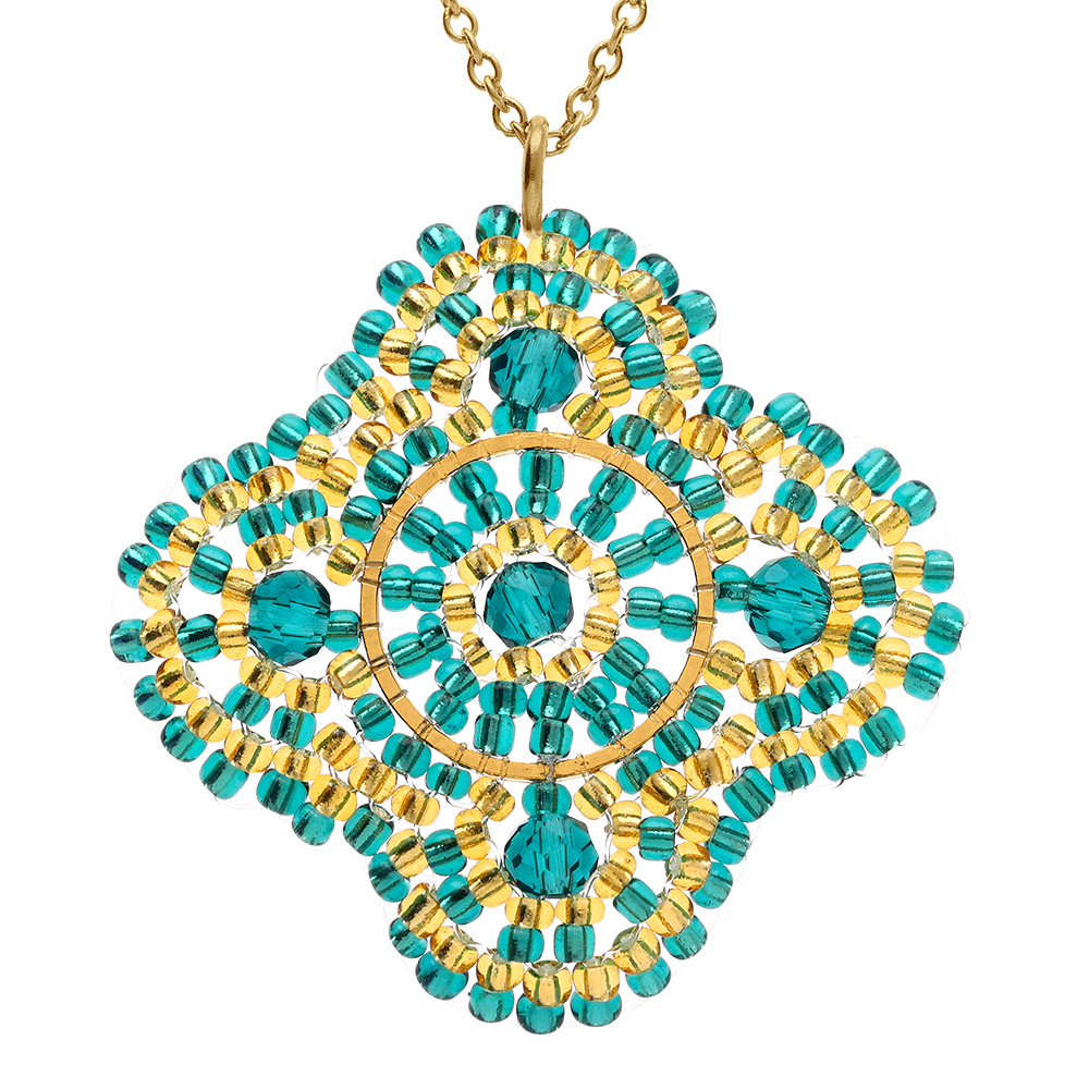 Collier en acier dor� pendentif forme fleur couleur turquoise - 42+10cm - Vue 1
