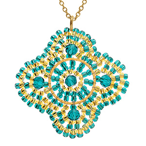 Collier en acier dor� pendentif forme fleur couleur turquoise - 42+10cm