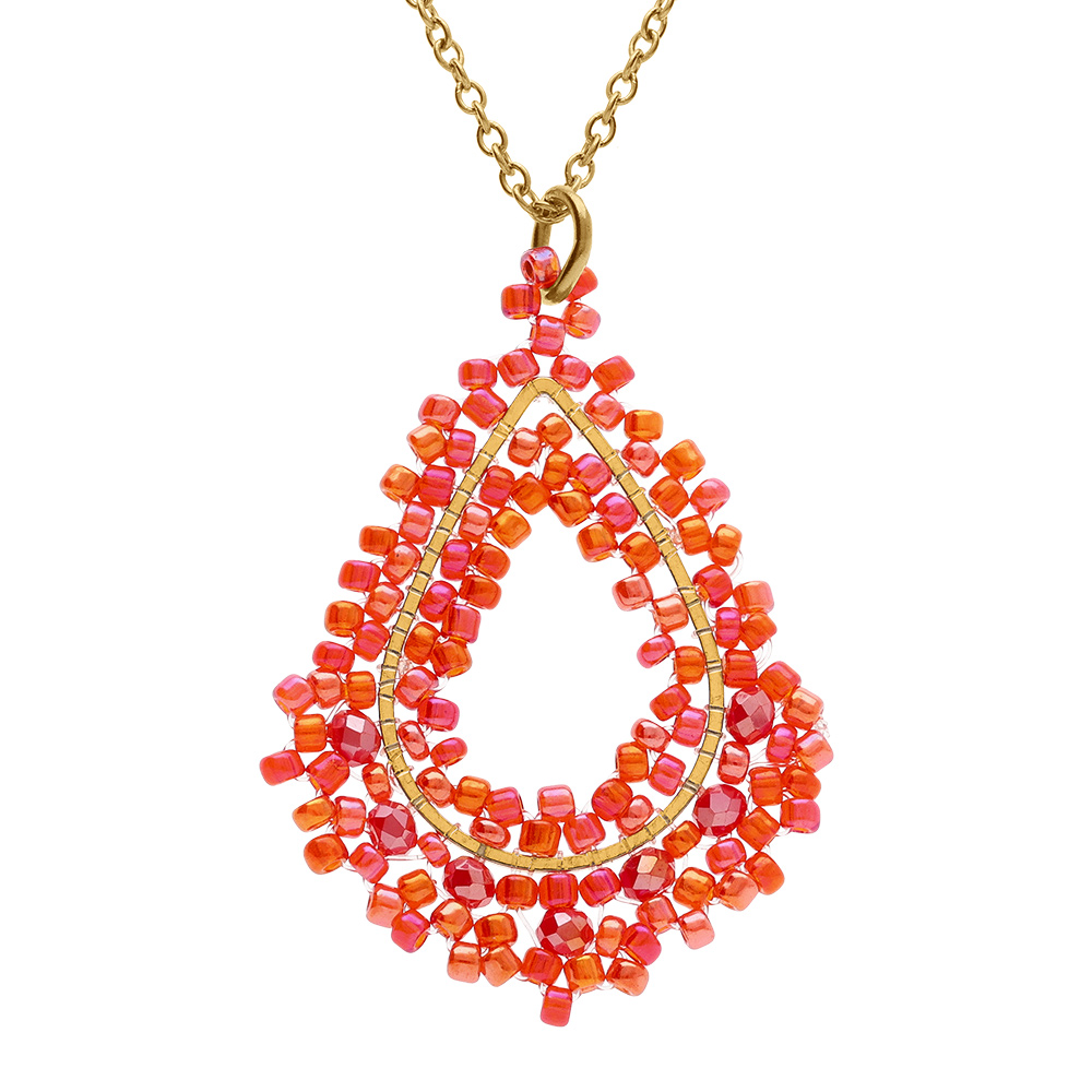 Collier en acier dor� pendentif forme goutte couleur corail - 42+10cm - Vue 1