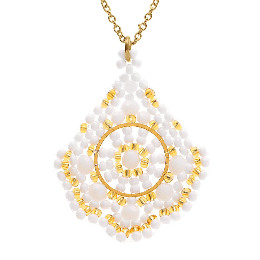 Collier en acier dor� pendentif forme losange blanc - 42+10cm - Vue 1