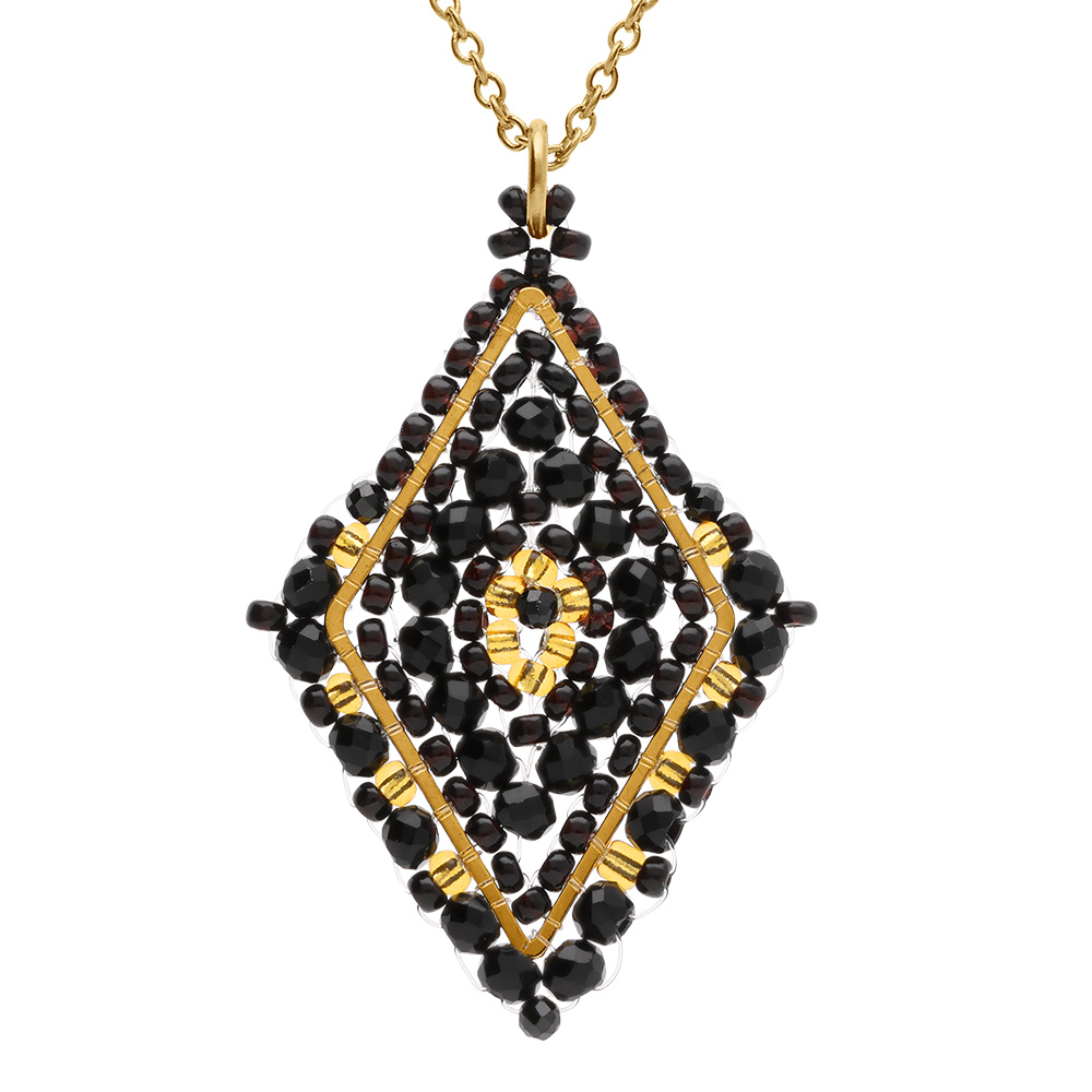 Collier en acier dor� pendentif forme losange noir - 42+10cm - Vue 1