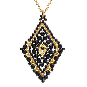 Collier en acier dor� pendentif forme losange noir - 42+10cm