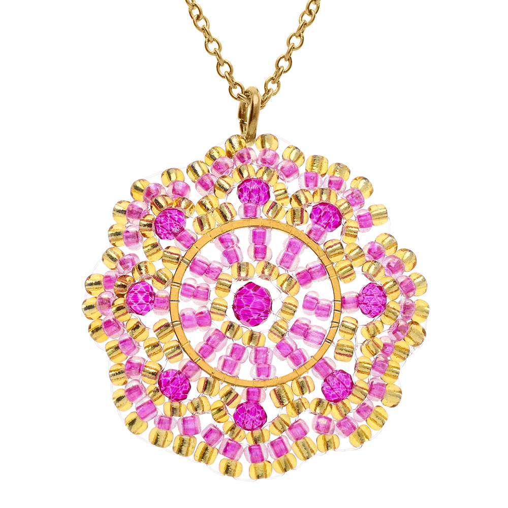 Collier en acier dor� pendentif forme rond couleur fushia - 42+10cm - Vue 1