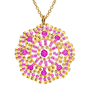 Collier en acier dor� pendentif forme rond couleur fushia - 42+10cm
