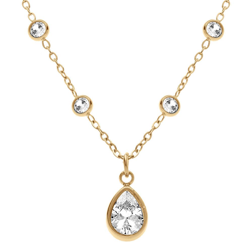 Collier en acier dor� pendentif goutte d\'oxyde blanc serti clos et oxydes blancs sertis clos sur cha�ne - 40+5cm - Vue 1