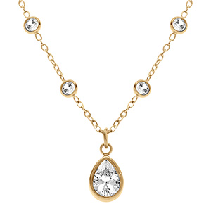 Collier en acier dor� pendentif goutte d'oxyde blanc serti clos et oxydes blancs sertis clos sur cha�ne - 40+5cm
