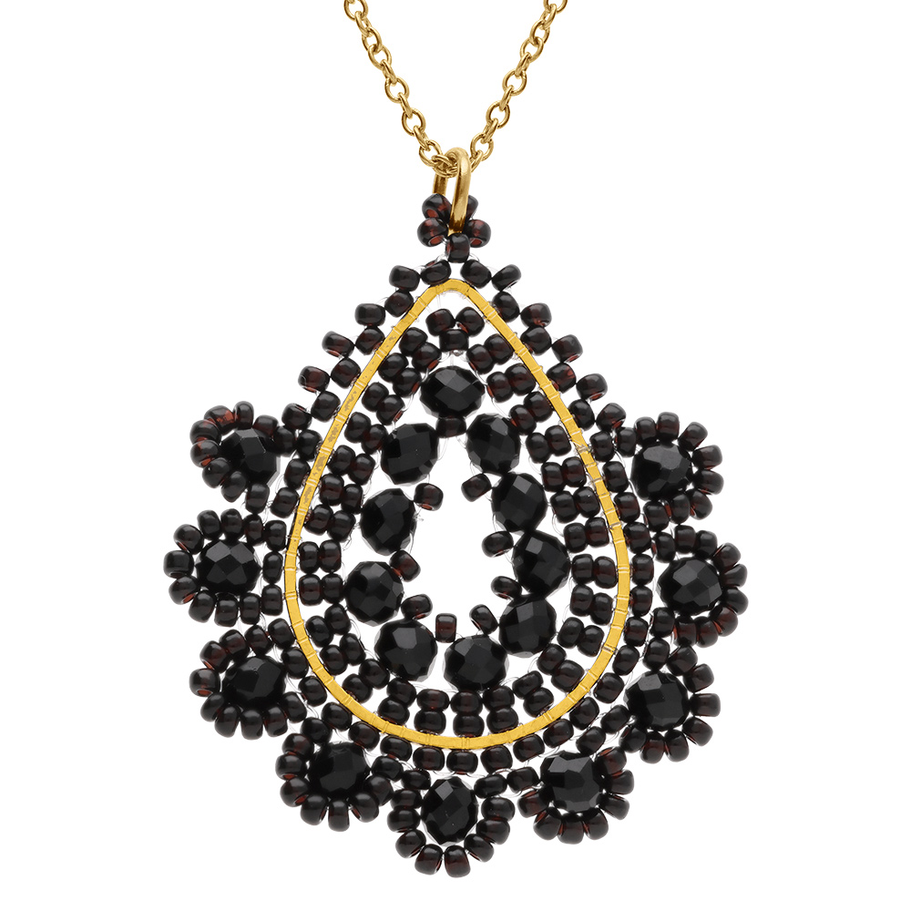 Collier en acier dor� pendentif goutte noir - 42+10cm - Vue 1