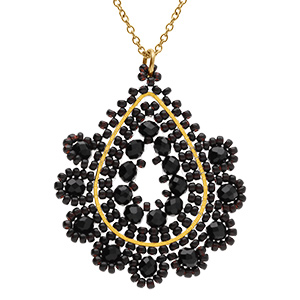 Collier en acier dor� pendentif goutte noir - 42+10cm