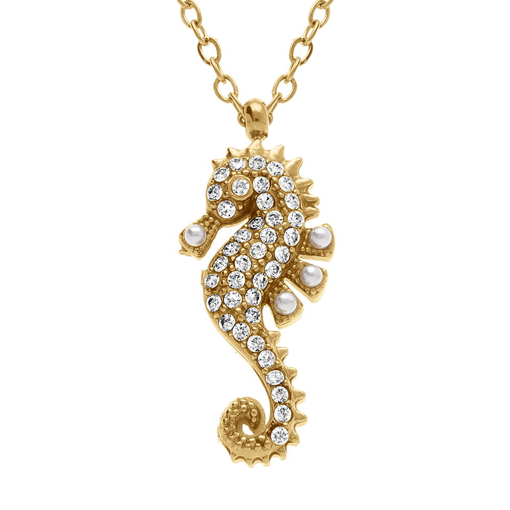 Collier en acier dor� pendentif hyppocampe orn� d\'oxydes blancs sertis - 45+5cm - Vue 1