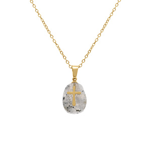 Collier en acier dor pendentif labradorite vritable avec croix - 40+6cm - Vue 1