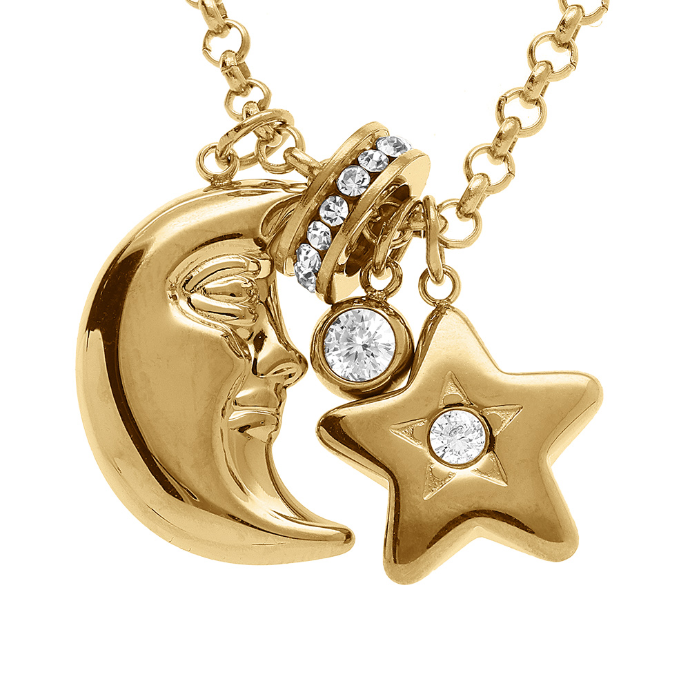 Collier en acier dor� pendentif lune et etoile oxydes blancs - 40+5cm - Vue 1