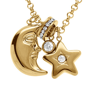 Collier en acier dor� pendentif lune et etoile oxydes blancs - 40+5cm
