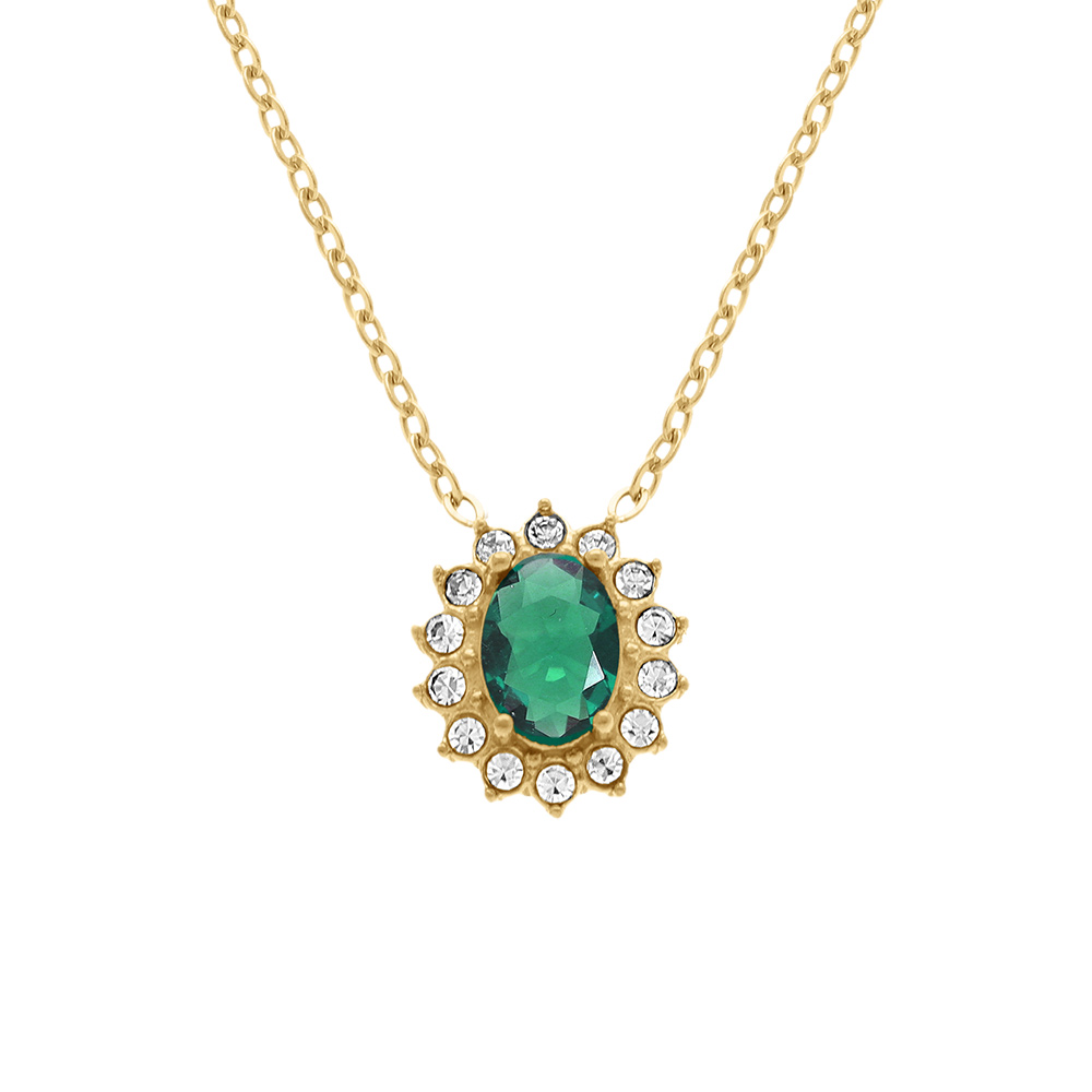 Collier en acier dor� pendentif oxyde vert contour oxydes blancs  -  38+5cm - Vue 1