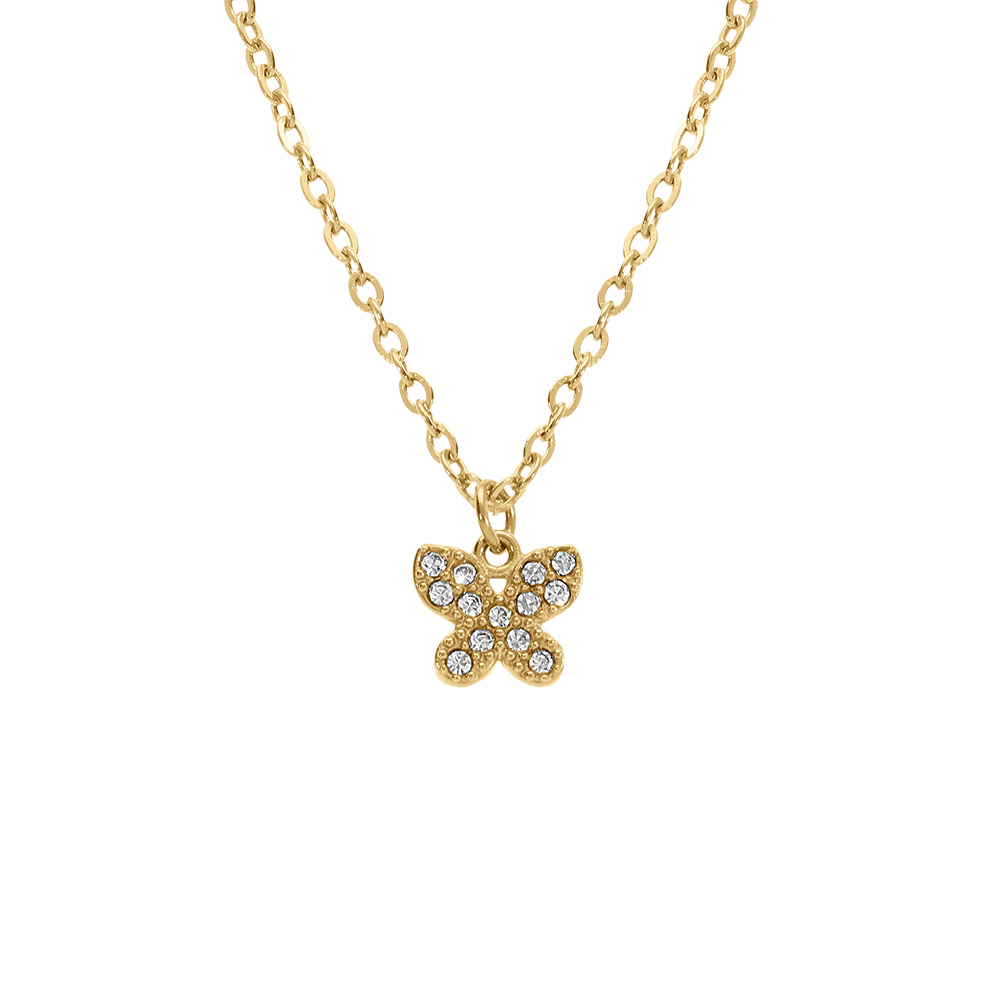 Collier en acier dor� pendentif papillon avec oxydes blancs sertis  - 38+5cm - Vue 1