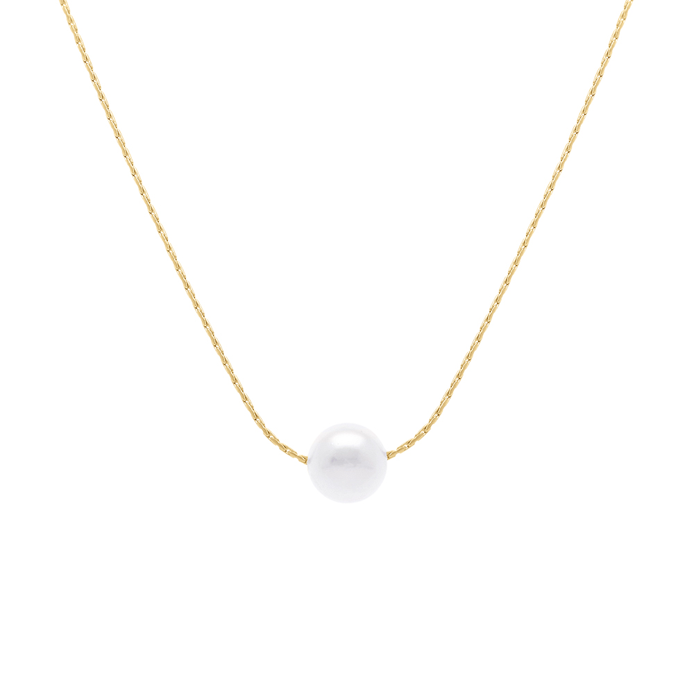 Collier en acier dor� pendentif perle blanche imitation 6mm - 40+5cm - Vue 1