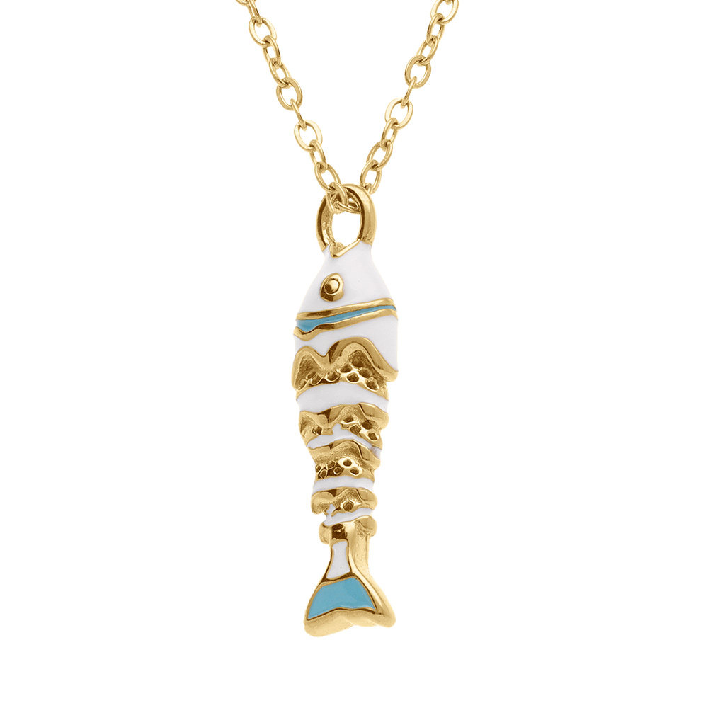 Collier en acier dor� pendentif poisson r�sine turquoise et blanche - 42+5cm - Vue 1