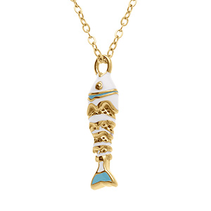 Collier en acier dor� pendentif poisson r�sine turquoise et blanche - 42+5cm