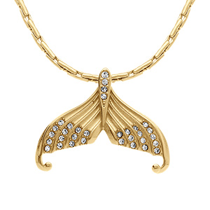 Collier en acier dor� pendentif queue de baleine par�e d'oxydes blancs sertis - 45+5cm