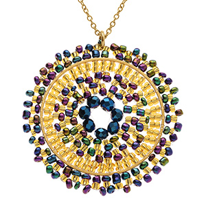 Collier en acier dor� pendentif rond - 42+10cm