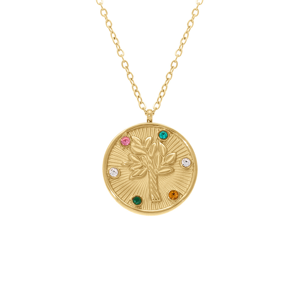 Collier en acier dor� pendentif rond arbre de vie avec oxydes multi couleurs  - 39+5cm - Vue 1