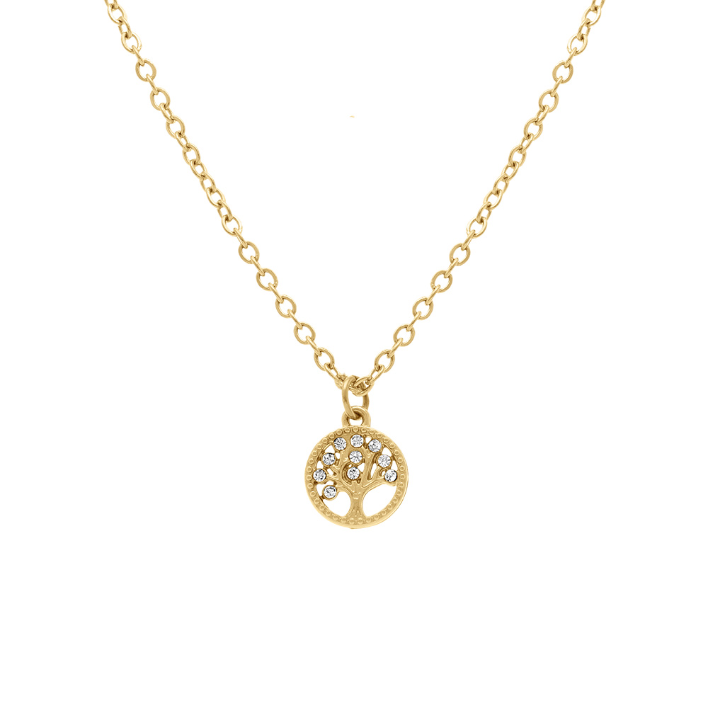 Collier en acier dor� pendentif rond arbre de vie contour oxydes blancs sertis  - 38+5cm - Vue 1