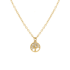 Collier en acier doré pendentif rond arbre de vie contour oxydes blancs sertis - 38+5cm - Vue 1