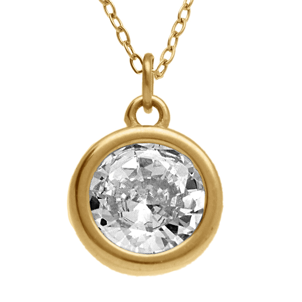 Collier en acier dor� pendentif rond avec oxyde blanc - 47+5cm - Vue 1