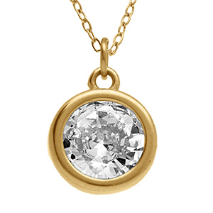 Collier en acier dor� pendentif rond avec oxyde blanc - 47+5cm