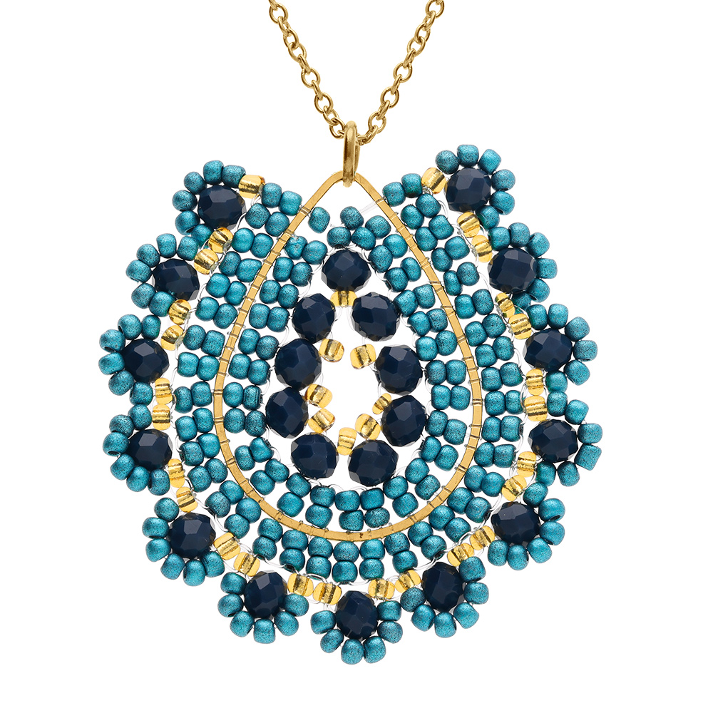 Collier en acier dor� pendentif rond avec pierres dor�es et diff�rents bleus - 42+10cm - Vue 1