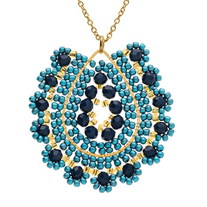 Collier en acier dor� pendentif rond avec pierres dor�es et diff�rents bleus - 42+10cm