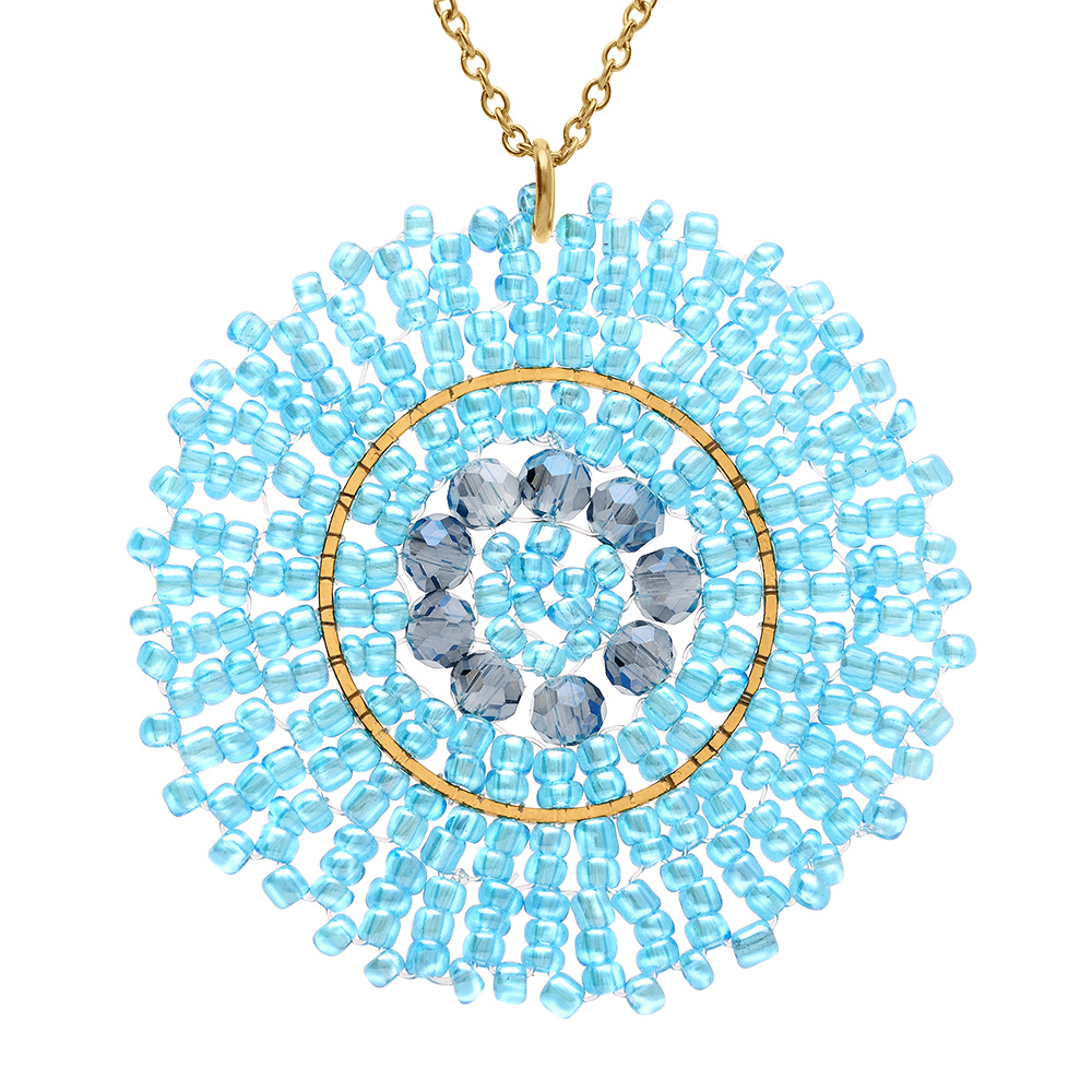 Collier en acier dor� pendentif rond bleu 45mm - 42+10cm - Vue 1
