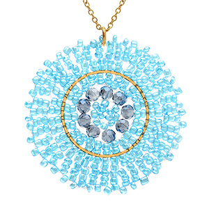 Collier en acier dor� pendentif rond bleu 45mm - 42+10cm