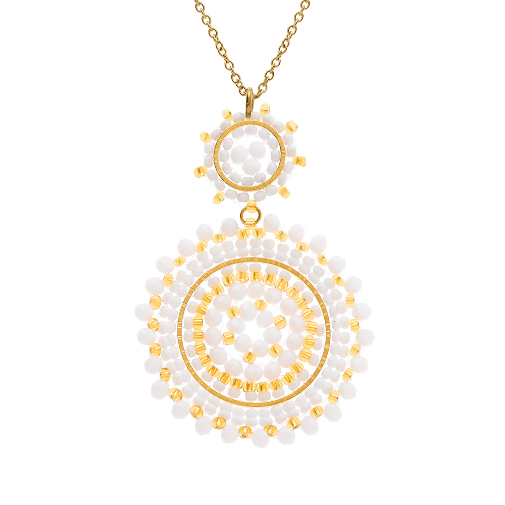 Collier en acier dor� pendentif rond boh�me avec pierres blanches et roses -  42+10cm - Vue 1