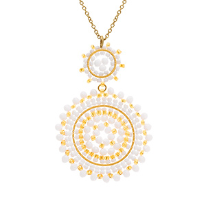 Collier en acier dor� pendentif rond boh�me avec pierres blanches et roses -  42+10cm