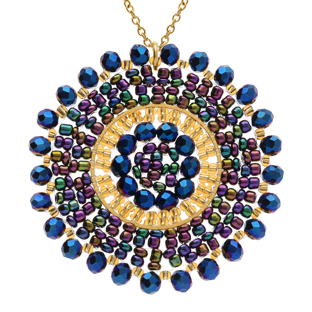 Collier en acier dor� pendentif rond boh�me avec pierres bleues dor�es et violettes - 42+10cm - Vue 1