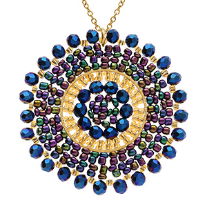 Collier en acier dor� pendentif rond boh�me avec pierres bleues dor�es et violettes - 42+10cm