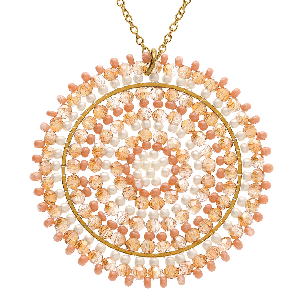 Collier en acier dor� pendentif rond boh�me avec pierres couleur corail -  42+10cm - Vue 1