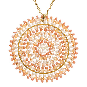 Collier en acier dor� pendentif rond boh�me avec pierres couleur corail -  42+10cm