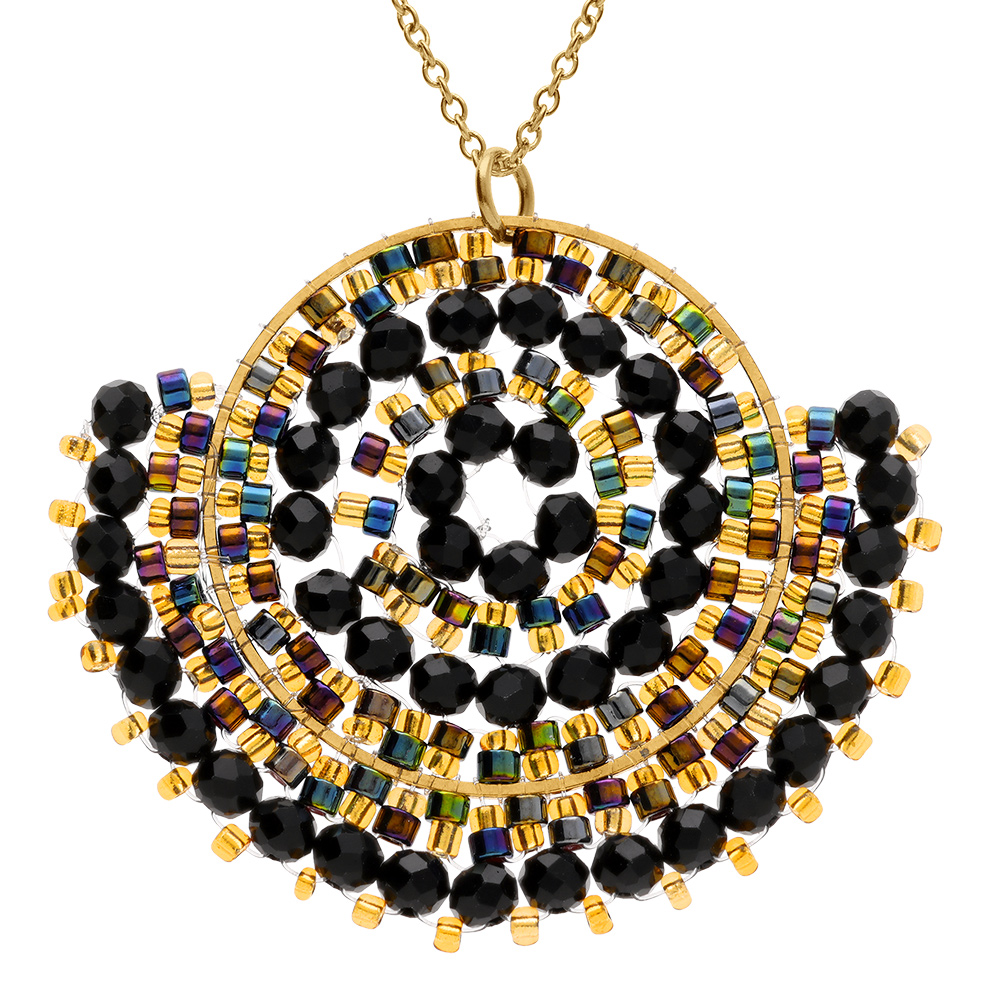 Collier en acier dor� pendentif rond boh�me avec pierres de diff�rents bleus  -  42+10cm - Vue 1