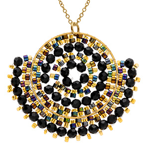 Collier en acier dor� pendentif rond boh�me avec pierres de diff�rents bleus  -  42+10cm