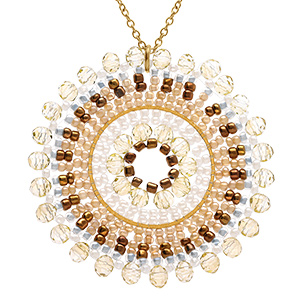 Collier en acier dor� pendentif rond boh�me avec pierres rose poudr� et blanches -  42+10cm