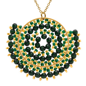 Collier en acier dor� pendentif rond boh�me avec pierres vertes, noires et dor�es - 42+10cm
