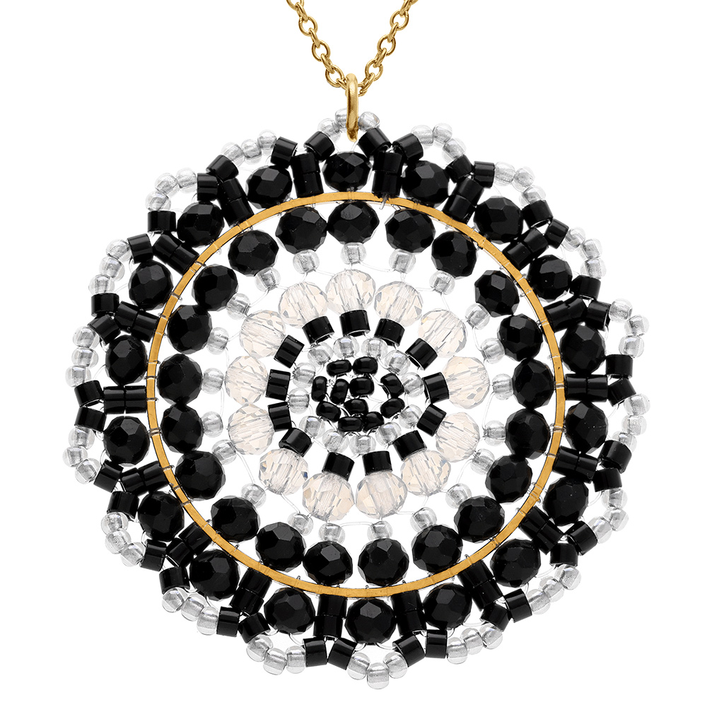 Collier en acier dor� pendentif rond boh�me avec pierresnoires et blanches -  42+10cm - Vue 1
