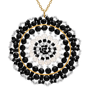 Collier en acier dor� pendentif rond boh�me avec pierresnoires et blanches -  42+10cm