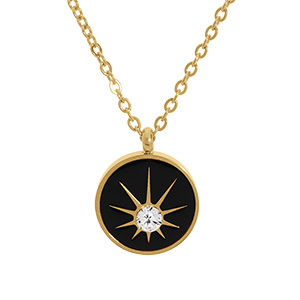 Collier en acier dor pendentif rond rsine noire et 1 oxyde blanc toil - 38+7cm - Vue 1