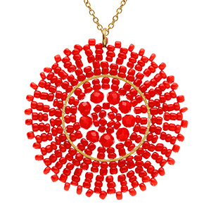 Collier en acier dor� pendentif rond rouge 45mm - 42+10cm