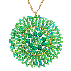 Collier en acier dor� pendentif rond vert 45mm - 42+10cm