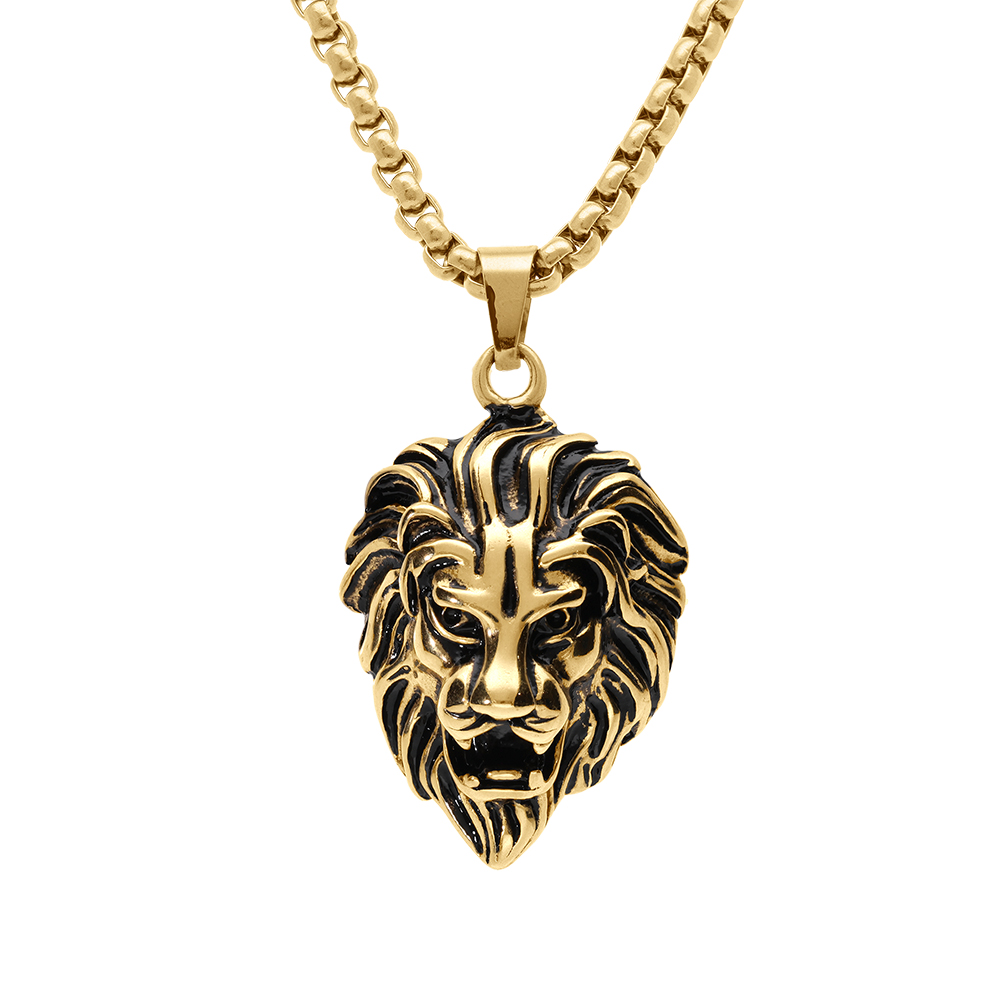 Collier en acier dor� pendentif t�te de lion patin� - 55cm - Vue 1
