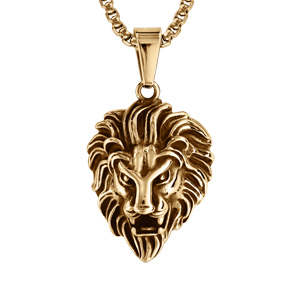 Collier en acier doré pendentif tête de lion patiné - 55cm - Vue 1