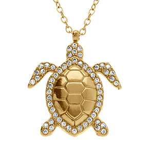 Collier en acier dor� pendentif tortue avec oxydes blancs sertis - 45+5cm